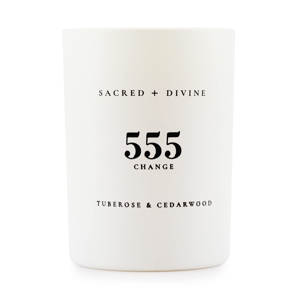 Sacred + Divine 555 Change candle jar front for mindful rituals.