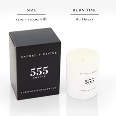 Candle jar label highlights angel number guidance from Sacred + Divine 555 Change.