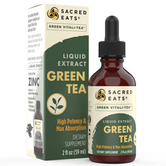 Sacred Eats Green Tea Liquid Extract bottle front showing antioxidant-rich formulation for daily wellness.