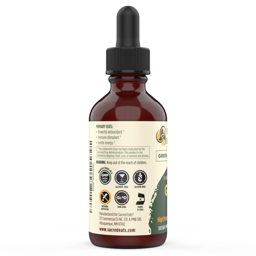 Sacred Eats Green Tea Liquid Extract bottle label highlighting organic, non-GMO, allergen-free qualities.