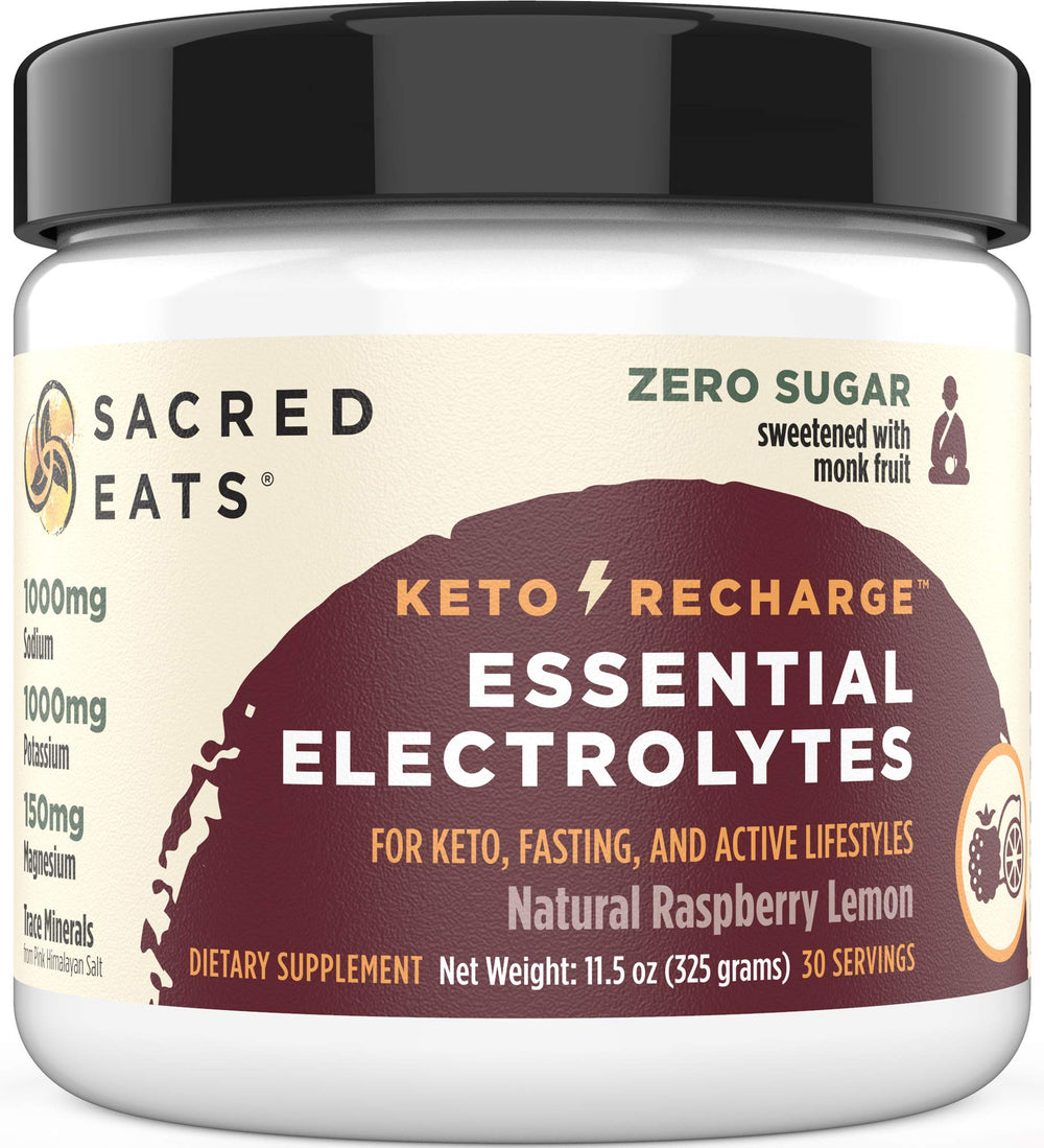 Sacred Eats Keto Electrolyte Powder bottle supports hydration with zero sugar