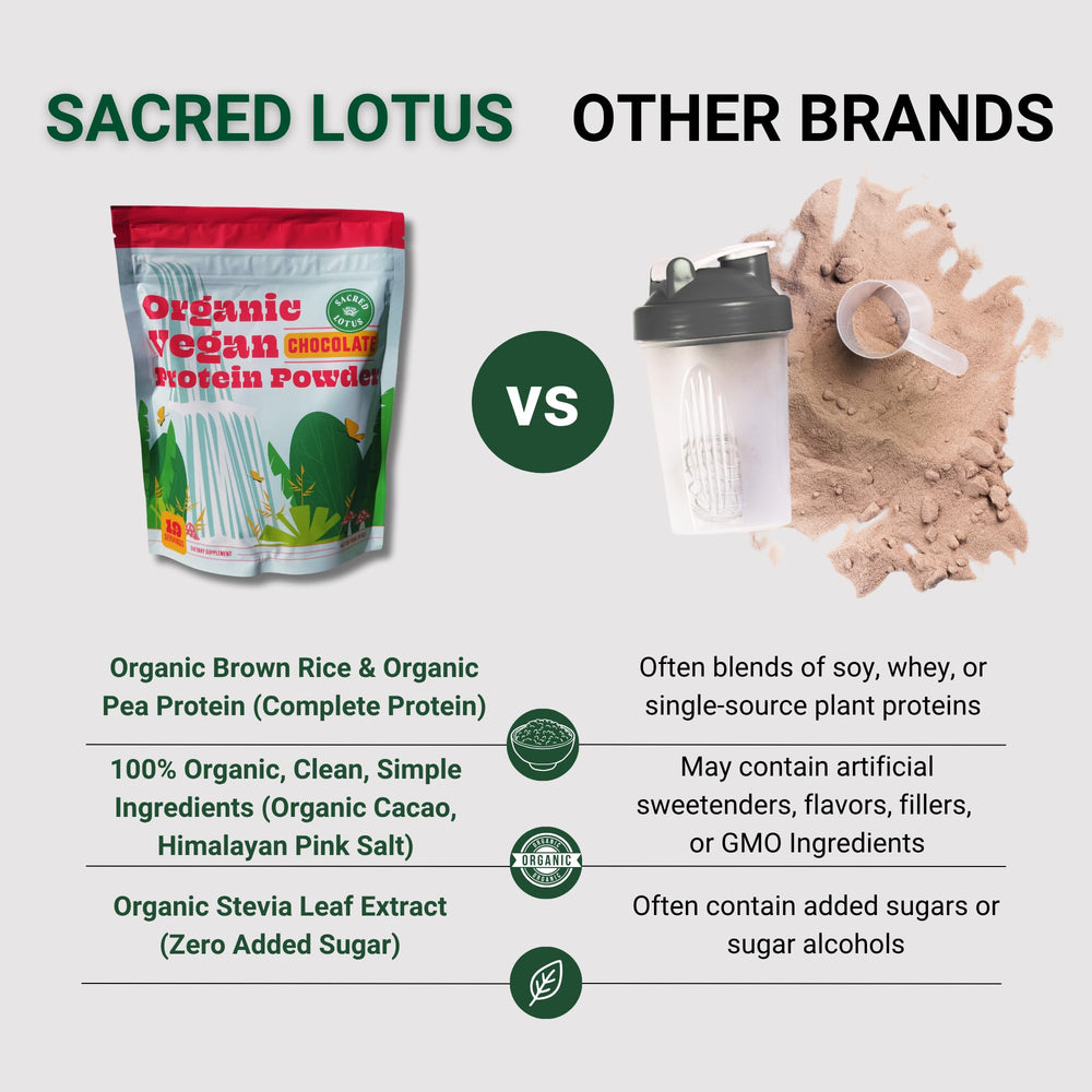 Sacred Lotus vegan protein chocolate shake in glass, a dairy-free indulgence.