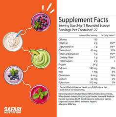 Safari Nu chocolate whey scoop pouring, convenient shake option.