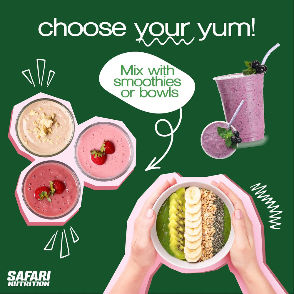 Safari Nutrition Isolate Vanilla powder being poured into a shake