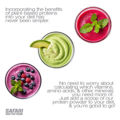 Safari Nutrition nutrition facts label highlights 20g protein per serving and organic ingredients.