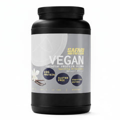 Safari Nutrition vegan vanilla protein tub front showing brand and organic blend for clean energy.