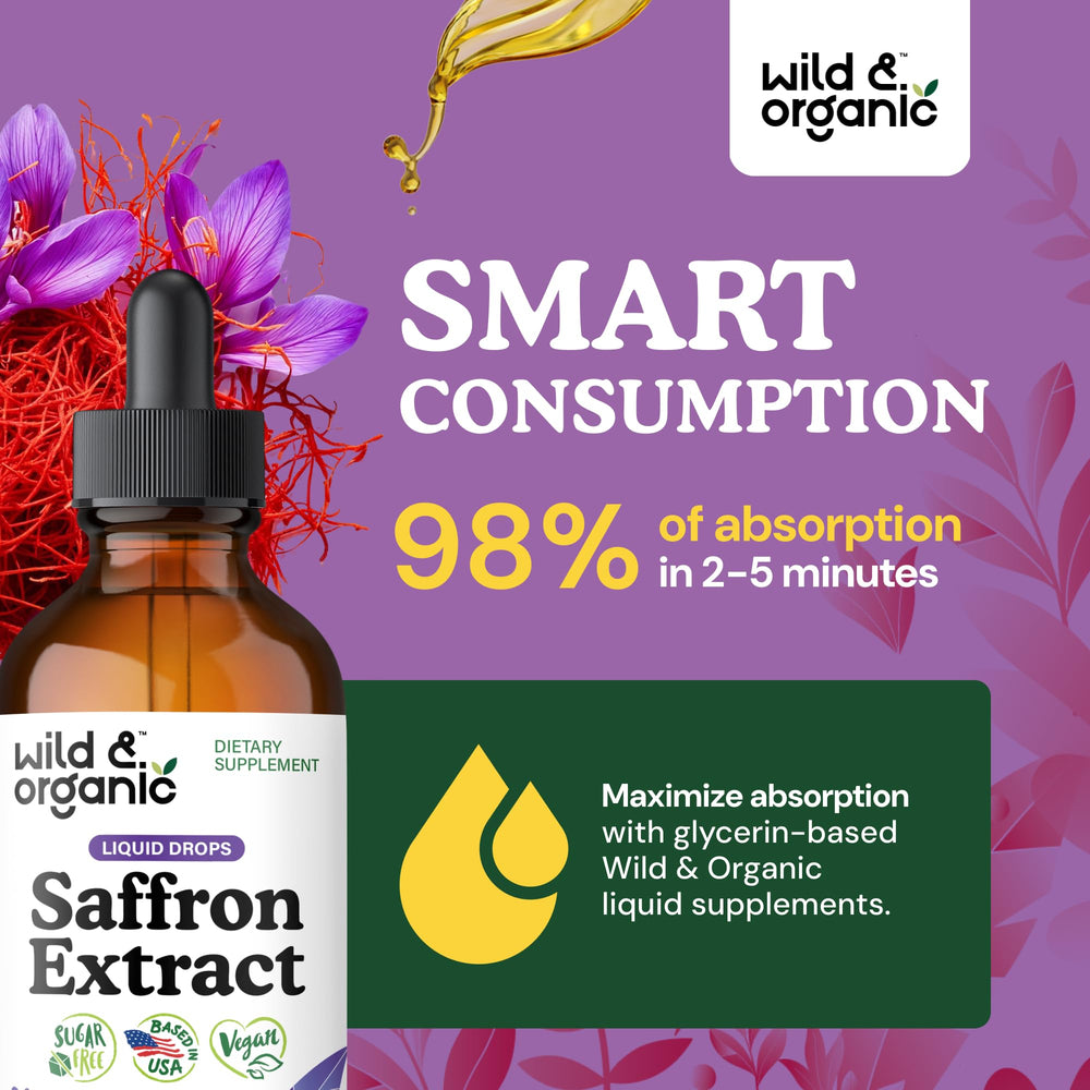 Wild & Organic saffron ingredients visual confirms vegan, GMO-free formula.