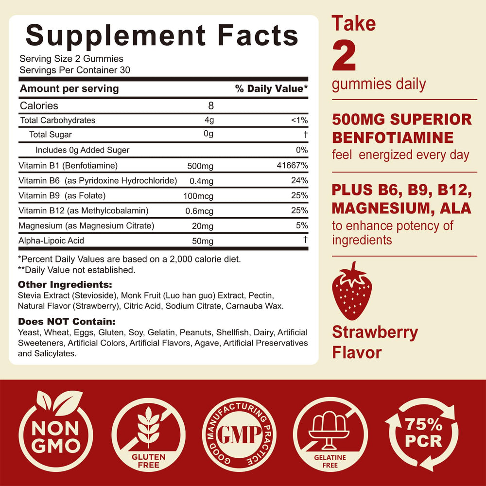 Benfotiamine gummies closeup showing a soft chew with potent B vitamin blend.