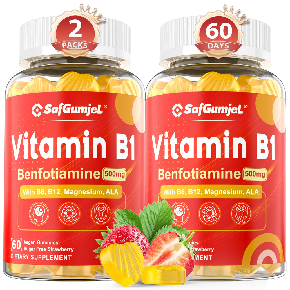 Safgumjel Vitamin B1 Benfotiamine gummies bottle with vegan, sugar-free formula for daily energy support.