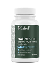 Safrel Triple Magnesium Complex bottle pour showing easy daily dosage for routine wellness.