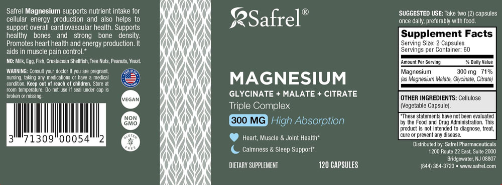 Safrel capsules close-up highlighting chelated absorption and vegan, gluten-free formula.