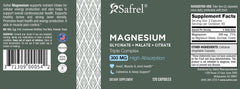Safrel capsules close-up highlighting chelated absorption and vegan, gluten-free formula.