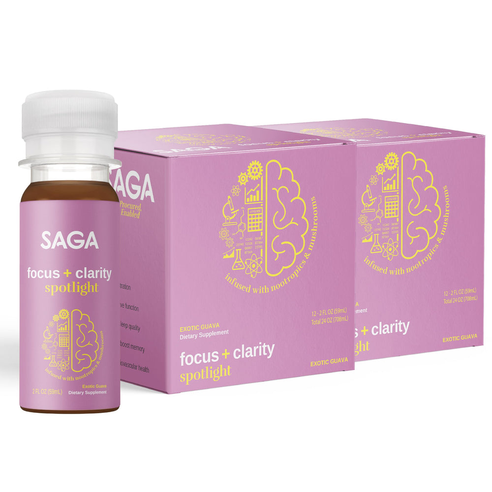SAGA Spotlight guava bottle highlighting on-the-go focus.
