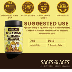 Sages Of The Ages L-Tyrosine Gummies label detail showing Mucuna Pruriens and folate