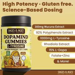 Sages Of The Ages L-Tyrosine Gummies Mucuna Pruriens visible ingredient for dopamine related balance