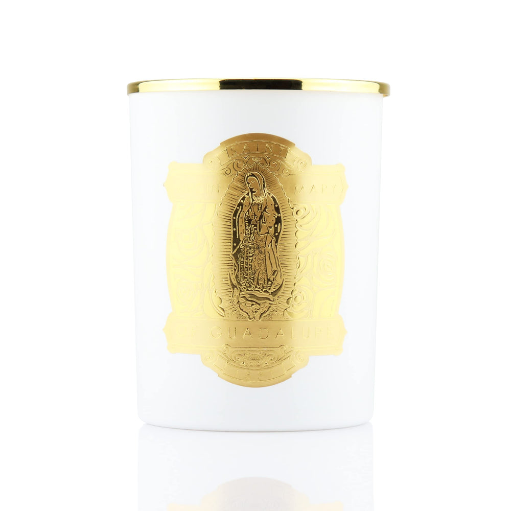 SAINT Virgin Mary Guadalupe candle in white vessel for calm reflection