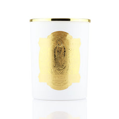 SAINT Virgin Mary Guadalupe candle in white vessel for calm reflection