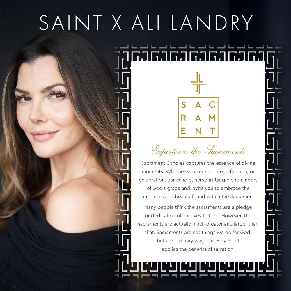 Close-up of Sacrament candle label highlighting elegant branding and scent