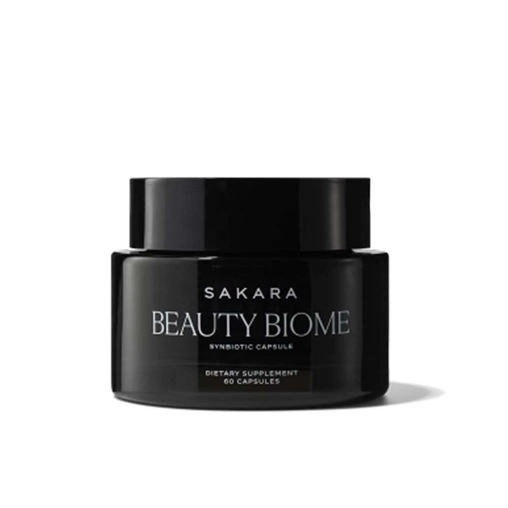 SAKARA Beauty Biome bottle front showing capsules for inner skin and gut support.