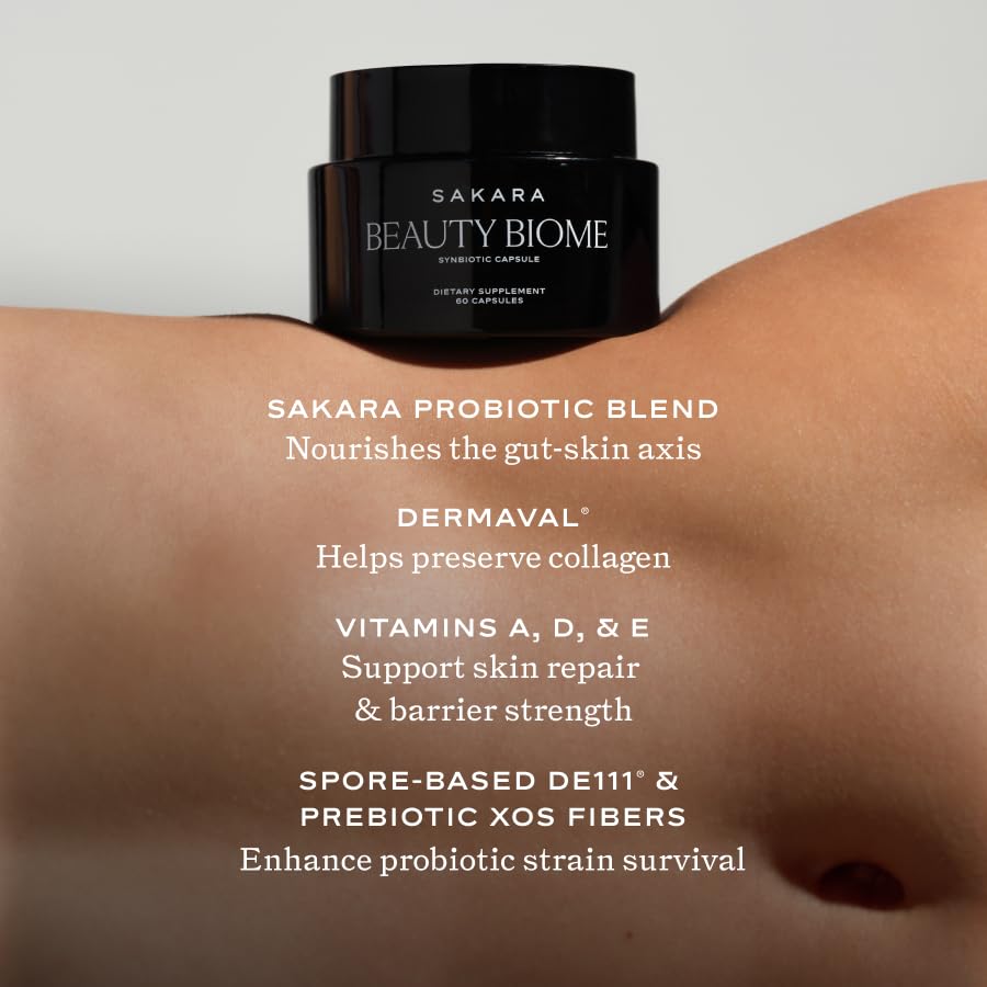 SAKARA Beauty Biome glass with supplement in use suggests a simple daily wellness routine.