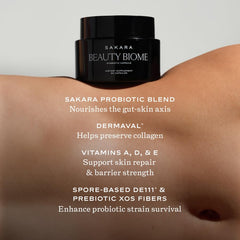 SAKARA Beauty Biome glass with supplement in use suggests a simple daily wellness routine.