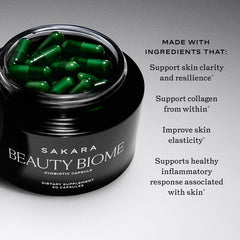 SAKARA Beauty Biome probiotic blend label highlights gut health support for balanced skin.