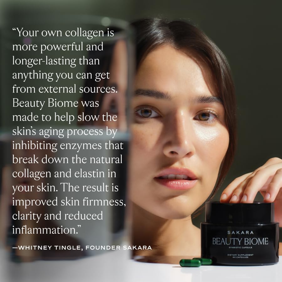 SAKARA Beauty Biome vitamins A, D, E capsule image conveys skin nutrition from within.