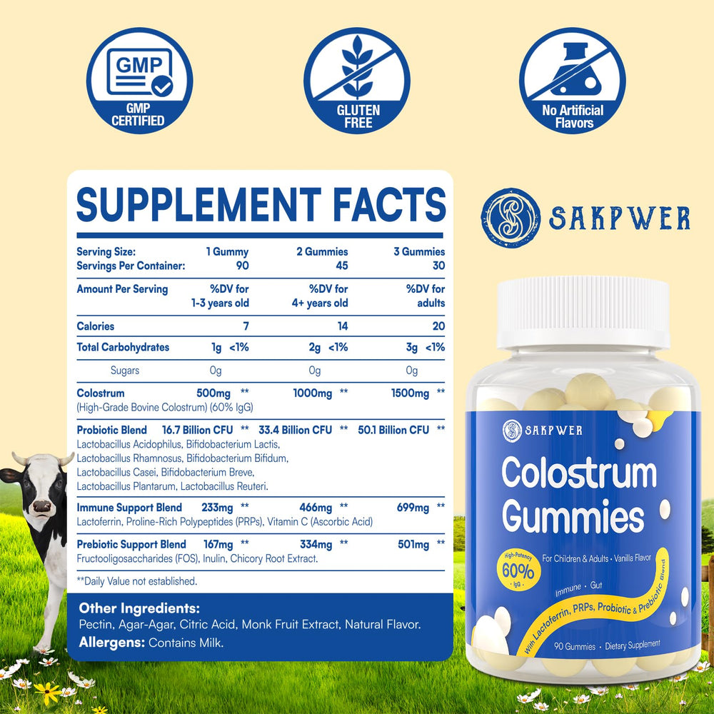 Sakpwer Colostrum Gummies jar close-up highlighting 60% IgG and sugar-free vanilla.