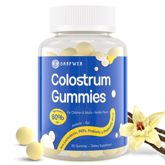 Sakpwer Bovine Colostrum Gummies bottle shows vanilla flavor and high IgG for immune support