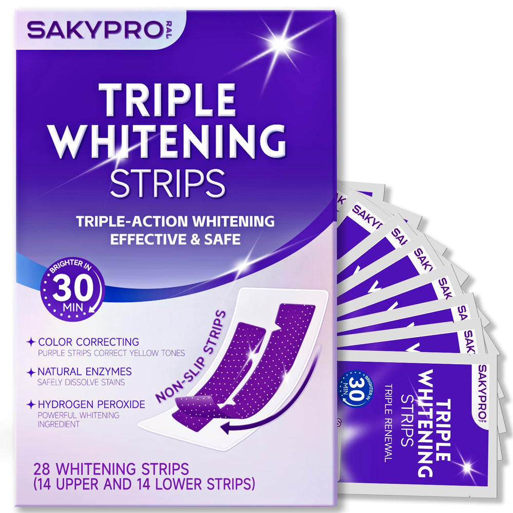 SAKYPRORAL Purple Whitening Strips packaging showing a 28-count kit for home use.