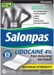 Salonpas LIDOCAINE gel patch on back for targeted relief.
