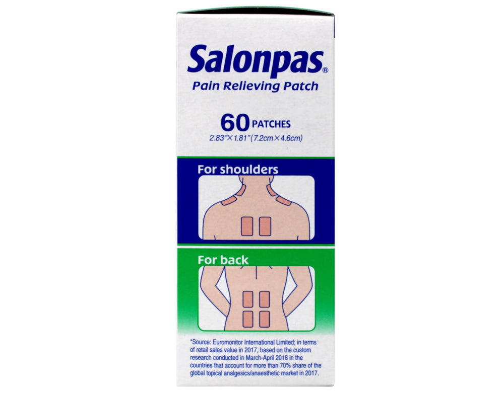 Salonpas pack of 3 contains 60 patches for on-demand relief.