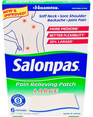 Salonpas Pain Relief Patch Large, targets back and shoulder pain for extended relief.