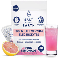 Salt of the Earth pink lemonade stick pack boosts hydration with zero sugar.