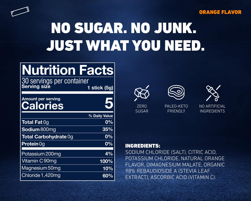 Saltivate orange electrolyte powder dissolving in water for hydration.