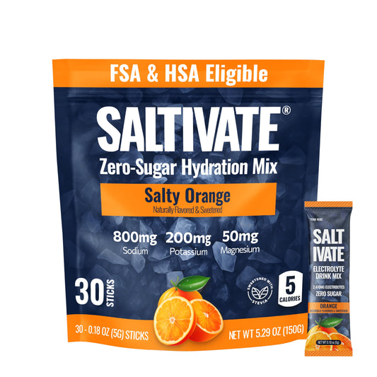 Saltivate salty orange electrolyte packets in a box for on-the-go hydration.