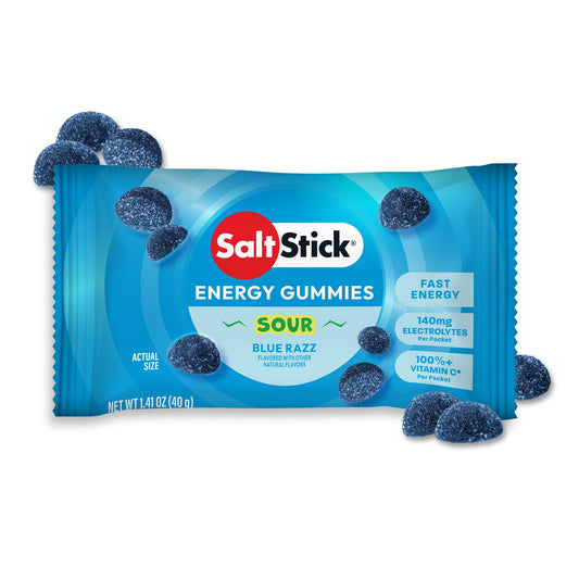 SaltStick Energy Gummies Sour Blue Razz packet close-up showing flavor and appearance