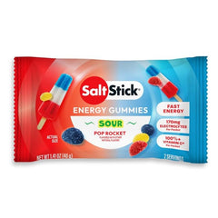 SaltStick Energy Gummies Sour Pop Rocket ingredients panel showing allergen-free formula
