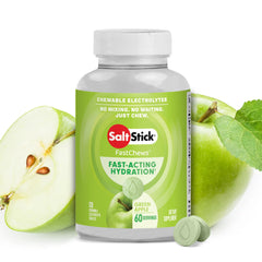 SaltStick Electrolyte FastChews green apple tablets close-up for quick hydration during runs.