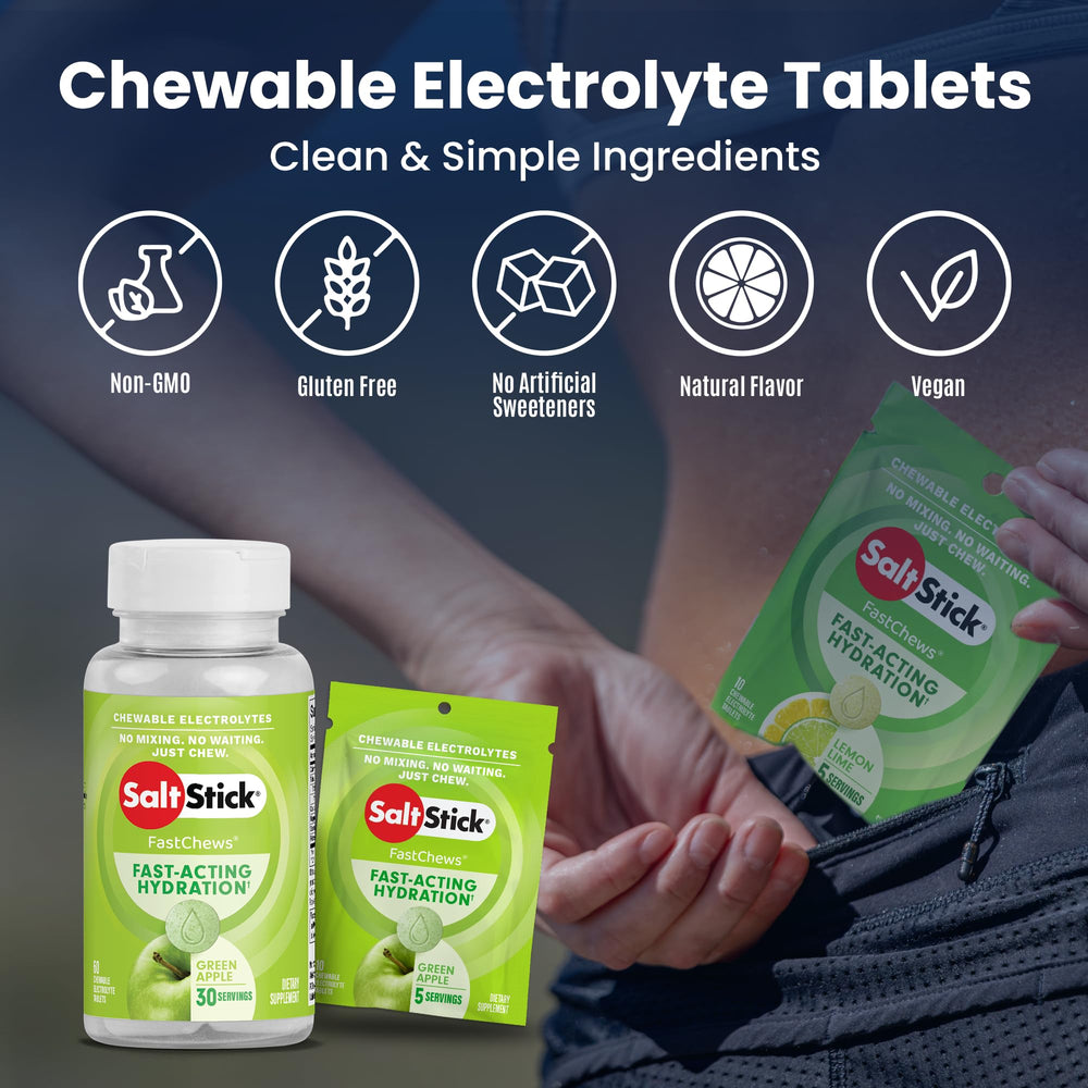 SaltStick FastChews on athlete's hand illustrating convenient chew during activity.
