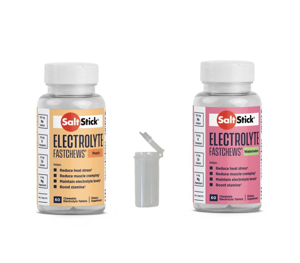 SaltStick FASTCHEWS peach bottle for on-the-go hydration and quick electrolyte support.