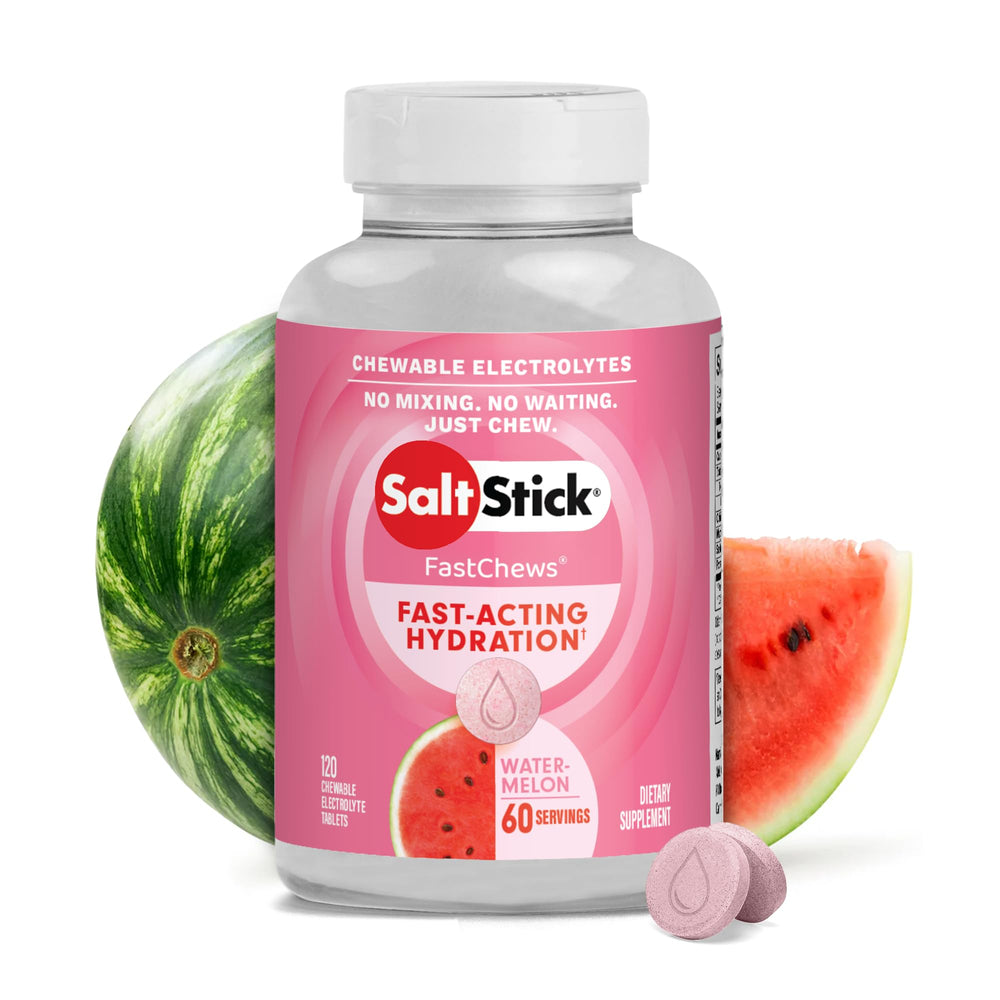 SaltStick FastChews Watermelon bottle close-up for quick hydration during workouts