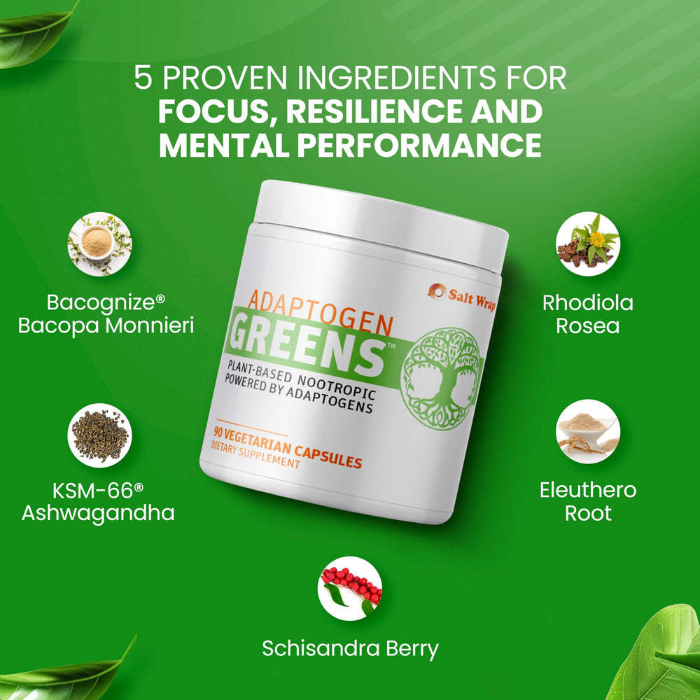 SaltWrap Adaptogen Greens dispensed capsules ready for daily use.