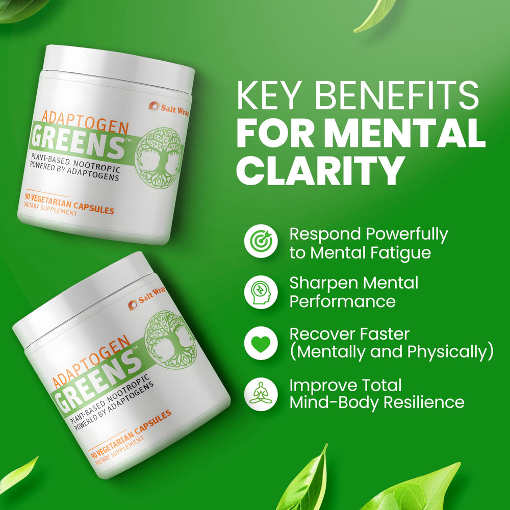 SaltWrap Adaptogen Greens label highlights Ashwagandha and Rhodiola ingredients.