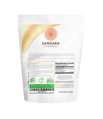 Samsara Herbs Pine Pollen Powder bottle with label shows product details.