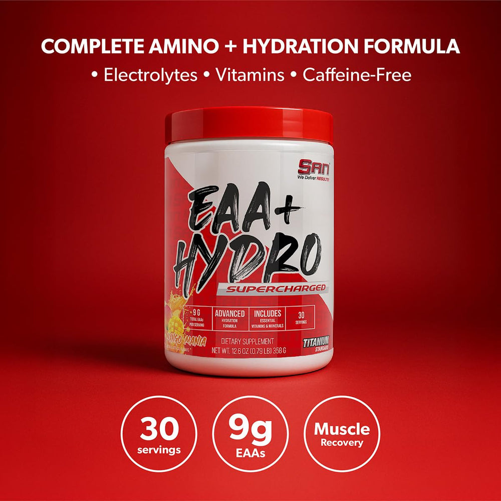 Shaking SAN EAA Hydration Mango Mania in a shaker for intra-workout use