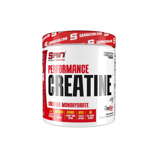 SAN Performance Creatine 600g bottle closeup highlighting premium packaging for workouts.