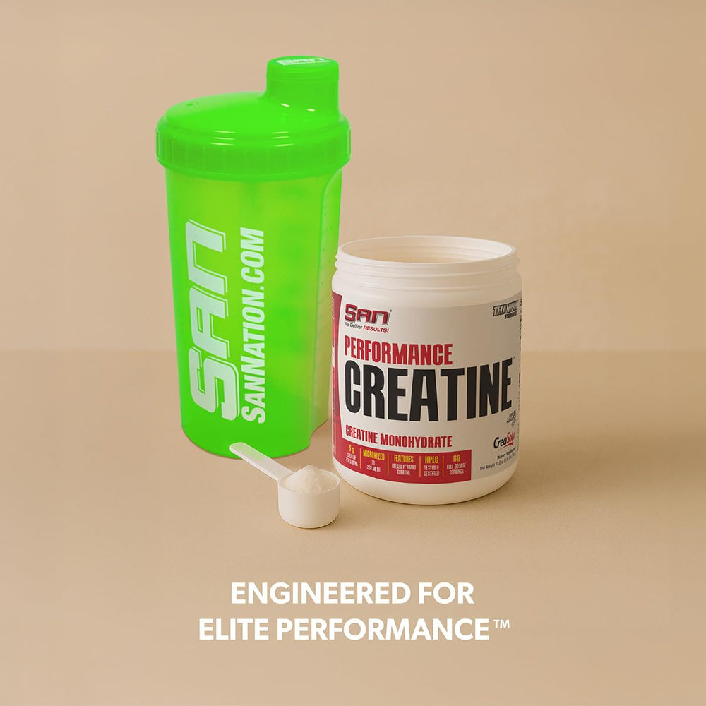 SAN Performance Creatine 600g post-workout drink setup highlights recovery support.