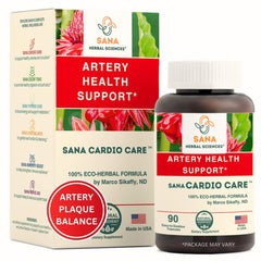 Sana Herbal Sciences Artery Plaque Removal Formula bottle with capsules for heart rhythm support.