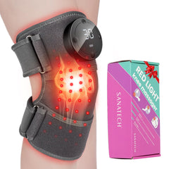 SanaTech red light knee brace on leg highlights targeted therapy for joint comfort and circulation.